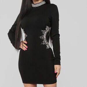 Black Rhinestones Cocktail Long Sleeve Dress